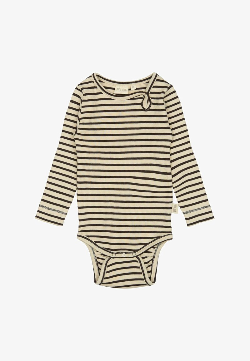 Ilgi piedurkņu bodijs krēmkrāsā ar tumši brūnām horizontālām svītrām, ar apaļu kakla izgriezumu un snap aizdari apakšā. Mīksta ribota tekstūra.