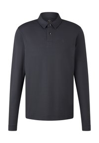 Langærmet polo i ensfarvet mørkeblå stof med knaplukning og et diskret broderet logo på brystet.