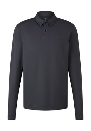 Langärmeliges Poloshirt aus einfarbigem, dunkelmarineblauem Stoff, mit einer Knopfleiste und einem dezenten, aufgestickten Logo auf der Brust.