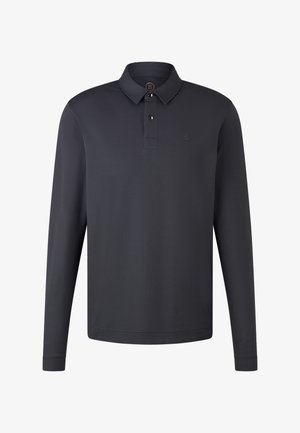 Langärmeliges Poloshirt aus einfarbigem, dunkelmarineblauem Stoff, mit einer Knopfleiste und einem dezenten, aufgestickten Logo auf der Brust.