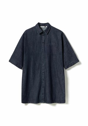 Mørkeblå kortærmet skjorte med knapper, lavet af denimstof, med en enkelt brystlomme og en klassisk krave. Tekstureret overflade.