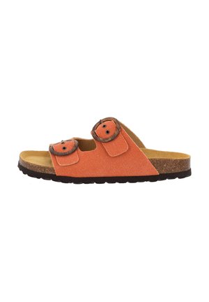 Sandale à glissière en tissu orange avec deux sangles réglables et des accents en bois rond, semelle en liège et semelle en caoutchouc texturée.