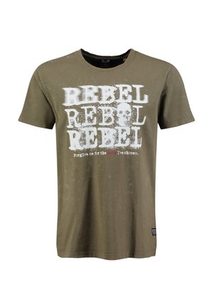 Olijfgroen T-shirt met witte tekst "REBEL" driemaal herhaald en kleinere tekst eronder met de tekst "forgive me for the path I've chosen."