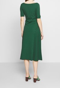 Kvinna som står med ryggen mot kameran, iklädd en grön och svart randig midiklänning med ärmar till armbågen och klacksandaler med blockklack.