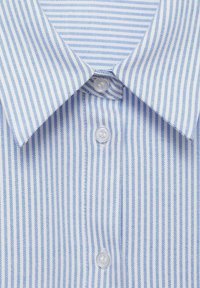 Blue and white striped shirt, cotton fabric, featuring a pointed collar and clear buttons. Vertical stripes narrow and evenly spaced.