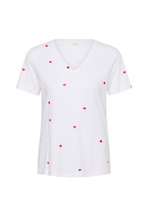 Tricou alb de bumbac cu decolteu în V, decorat cu inimioare roșii răspândite pe întreaga țesătură. Mâneci scurte, croială lejeră.