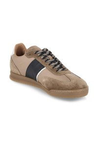 Lichtbruine suède sneakers met zwarte leren accenten, textiel en zwart-wit gestreepte veters. Gevoerde rubberen zool.