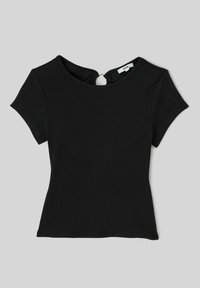 Haut noir à manches courtes côtelé avec un col rond et une petite ouverture en forme de clé dans le dos, présentant un accent en métal doré.