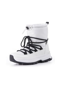 Białe ocieplane buty z czarnymi sznurówkami, teksturowany czubek i solidna podeszwa. Wzmocniony nos i pięta, z mankietem dla wsparcia kostki.