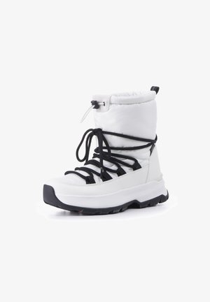 White insulated boot with black laces, textured upper, and a sturdy sole. Reinforced toe and heel, featuring a cuff for ankle support.