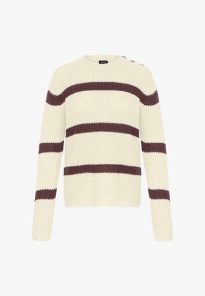 Gehaakte trui in crèmewit met maroon horizontale strepen. Heeft een ronde hals, lange mouwen en decoratieve knopen op de schouder.