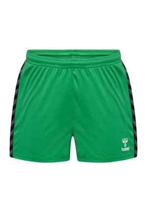 Groene sportshorts van glad stoffen met zwarte zijstrepen en het Hummel-logo aan de onderzijde aan de rechterkant. Inclusief elastische tailleband.