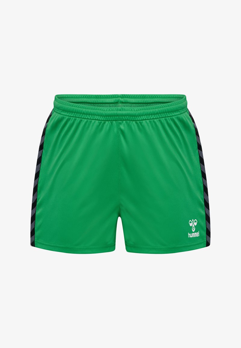 Grüne Sportshorts aus glattem Material mit schwarzen Seitenstreifen und dem Hummel-Logo auf der unteren Vorderseite rechts. Inklusive elastischem Bund.