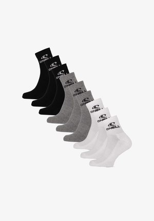 Seven pairs of O'Neill crew socks in black, gray, and white, arranged in a staggered row showing side views.