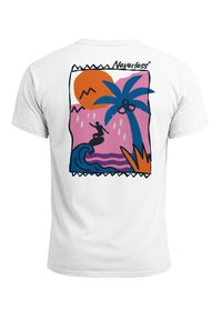 White t-shirt featuring colorful graphic design with a surfer, palm trees, sun, and waves, bordered by a zigzag pattern. "Neverless" is printed above.