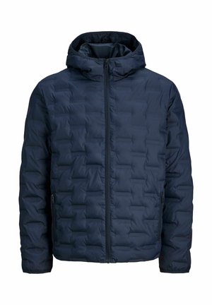 Chaqueta de abrigo acolchada en color marino con capucha, cierre frontal de cremallera y bolsillos laterales. Material sintético suave con un diseño ligero e insulated.