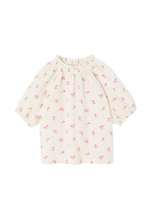 Cremefarbene langärmelige Bluse mit pinkem Blumenmuster, elastischem Ausschnitt und gerafften Bündchen, entworfen für Kinder.