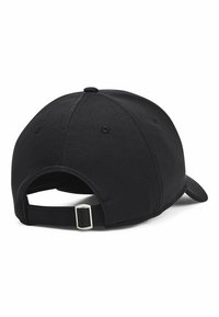 Casquette de baseball noire avec un design structuré, dotée d'une visière courbée, d'un tissu en maille, d'accents brodés et d'une sangle réglable à l'arrière.
