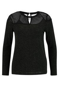 Černý top s dlouhými rukávy s průhlednou síťovinou na ramenou a výstřihu. Měkká textura s mírným leskem, zaoblený spodní lem a otvor na zádech.