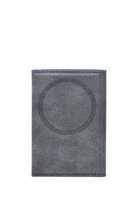 Gray leather wallet with a smooth texture, rectangular shape, and a circular embossed pattern on the front. Stitched edges.