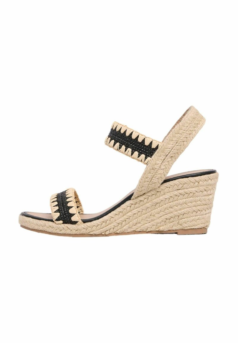 Sandalo con zeppa e tacco in juta intrecciata, cinturini elastici neri e accenti in tessuto beige; design con punta aperta e finitura intrecciata testurizzata.
