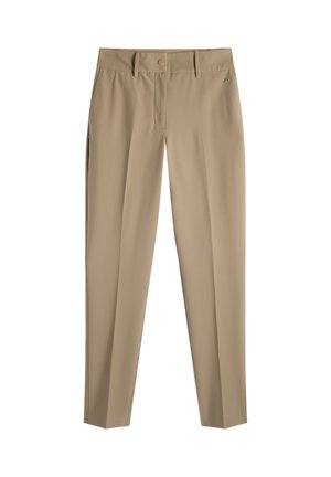 Beige slim-fit broek met riemlussen, knoop aan de voorkant, ritssluiting en zijzakken, getoond tegen een witte achtergrond.