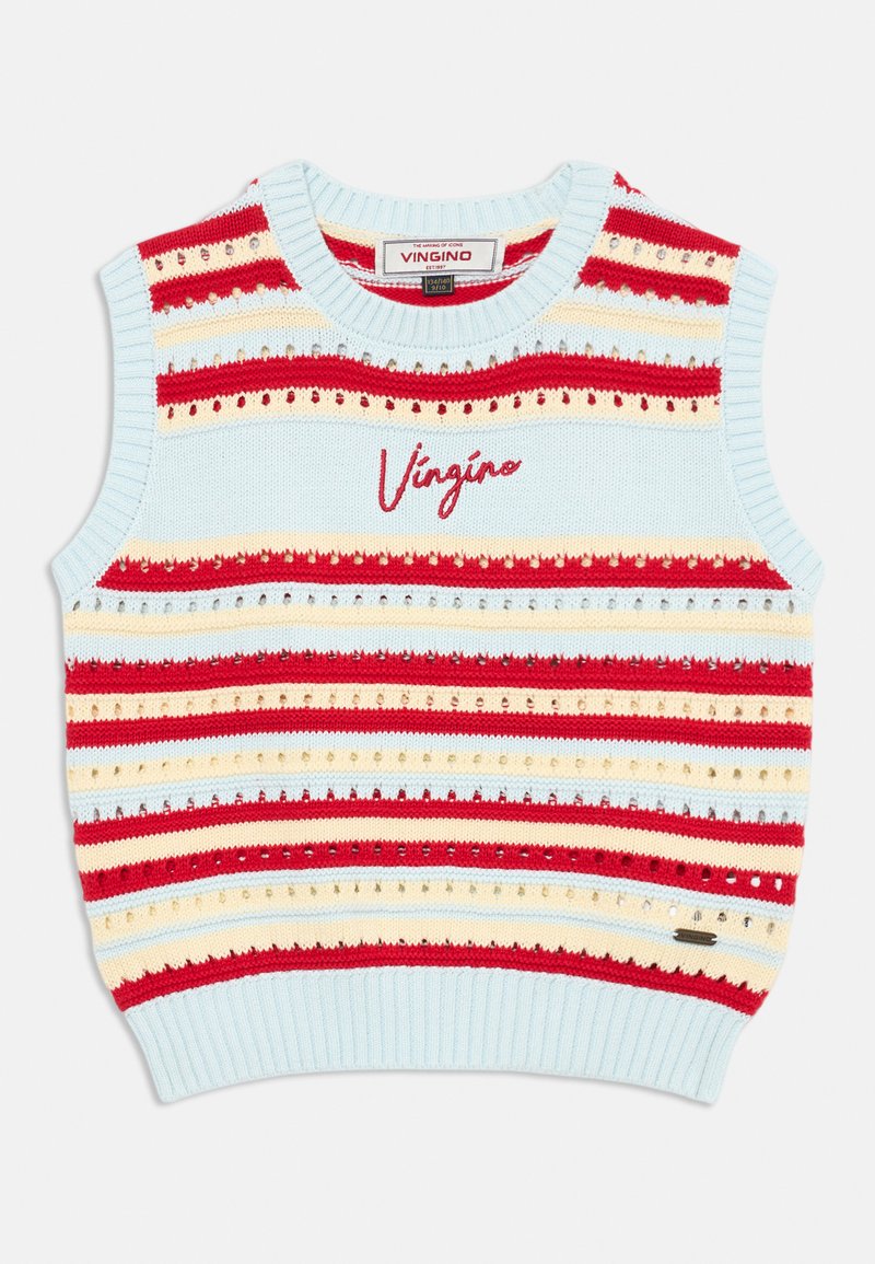 Brezrokavni pleteni pulover z svetlo modrimi, rdečimi in smetanastimi vodoravnimi črtami, očesnim vzorcem in rdečim vezenjem "Vingino" na prsih.