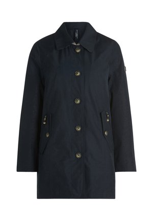 Manteau bleu marine en tissu résistant à l'eau, doté d'un col à revers, de six boutons, de deux poches avant et d'une silhouette légèrement cintrée.