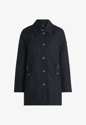 Marineblauwe jas van waterafstotende stof, met een kraag, zes knopen, twee voorzakken en een licht taps toelopende pasvorm.