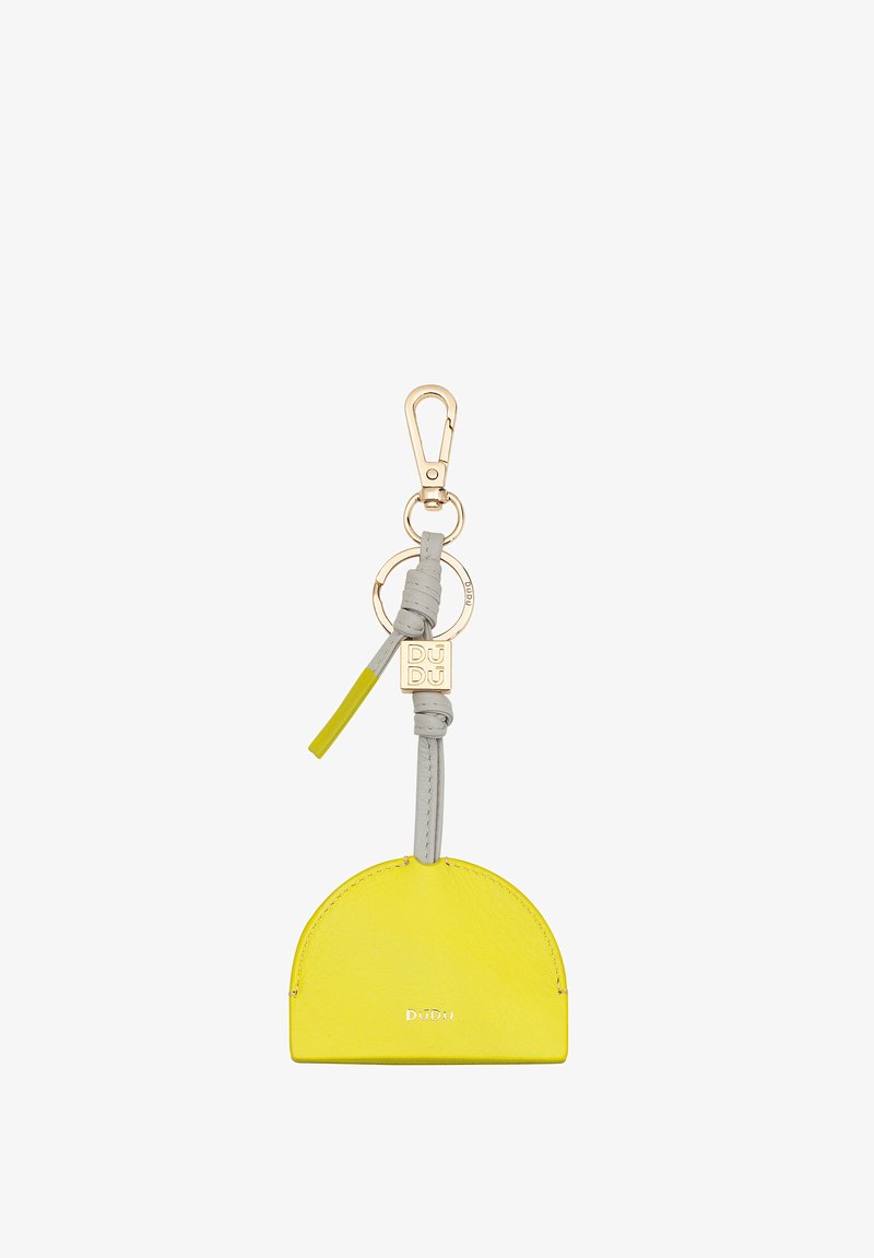 Portachiavi in pelle gialla a forma di mezzaluna, con una cinghia grigia e accessori in tonalità oro con un accento del logo.