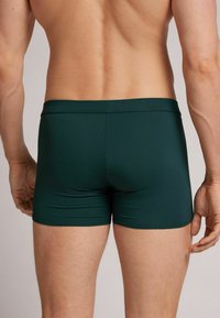 Zelené plavky s těsným střihem, vyrobené z elastického materiálu, s plochým pasem a hladkým povrchem, viděné z pohledu zezadu.