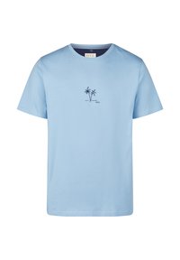 Světle modré bavlněné tričko s kulatým výstřihem a krátkými rukávy. Na levé straně hrudi má vyšitý design palmy v námořnické modři.