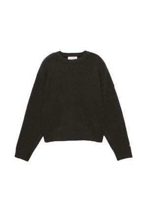 Dunkelbrauner Pullover aus weichem Material, mit rundem Ausschnitt, langen Ärmeln und lockerer Passform sowie gerippten Bündchen und Saum.