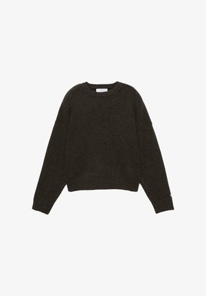 Maglione marrone scuro realizzato in materiale morbido, con collo rotondo, maniche lunghe e una vestibilità comoda, caratterizzato da polsini e orlo a costine.