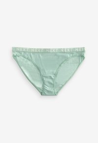 Mintgroene vrouwenbikini-slip met een zachte, glanzende stof, elastische tailleband met het "NEXT"-logo rondom de bovenrand.