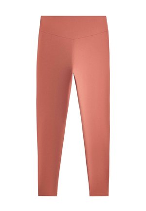 Colanți din corail moale, lungime completă și talie înaltă, cu talie în formă de V și material neted, elastic.