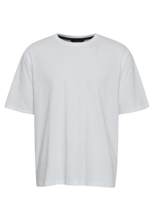 T-shirt en coton blanc à manches courtes, col rond et coupe décontractée, avec une texture lisse et sans motifs ni accessoires visibles.