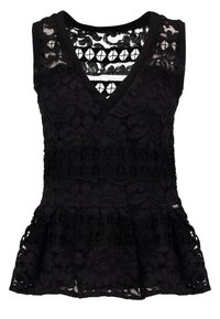 Top peplum nero con un design in pizzo texturizzato, scollo a V e bordo decorato. Senza maniche e con un fondo a strati.