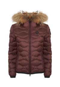 Chaqueta de abrigo marrón acolchada con cremallera frontal, diseño acolchado y capucha forrada de pelo desmontable. Presenta bolsillos laterales y puños de punto.