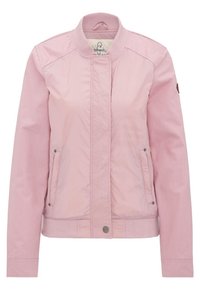 Veste bomber rose pâle avec un col côtelé, deux poches latérales et une fermeture à boutons à l'ourlet. Tissu lisse avec une finition mate.