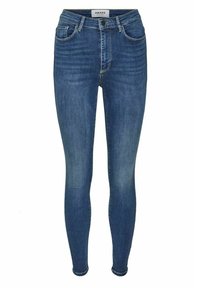 Tunna blå jeans i denim, med hög midja, fem fickor, subtila blekningar och en sydd etikett vid midjan.