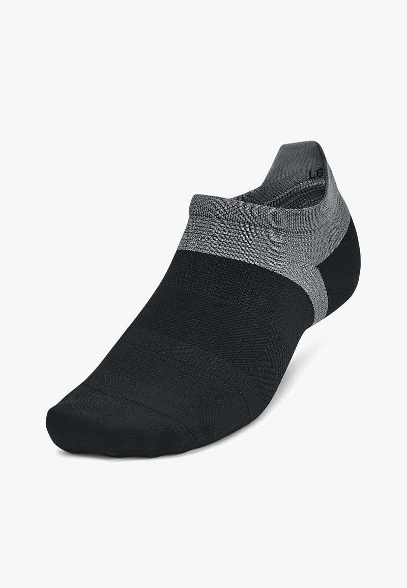 Chaussettes de cheville noires avec un design texturé, dotées d'une bande grise en haut et d'un orteil lisse. Fabriquées en matériau respirant.