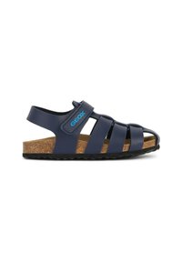 Sandali blu navy con design a più cinturini, chiusura in velcro regolabile, soletta in sughero e suola in gomma; materiale leggero e traspirante.