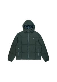 Giacca a vento verde scuro con cappuccio, dotata di zip frontale e tasche, materiale trapuntato e polsini elasticizzati. Logo semplice sul petto.