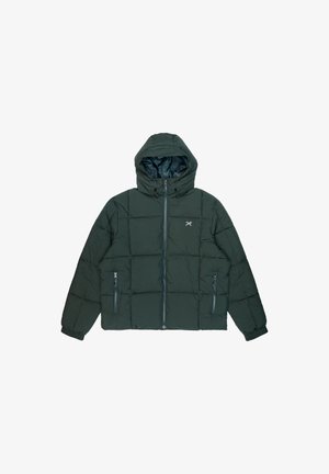 Dark green puffer jacket with a hood, featuring zippered front and pockets, quilted material, and elastic cuffs. Simple logo on chest.