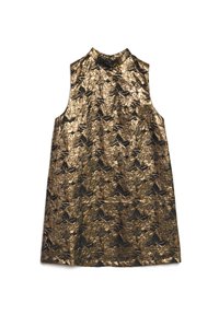 Vestido sem mangas florido dourado com gola alta, apresentando uma superfície texturizada e realces pretos num padrão audacioso e intrincado.
