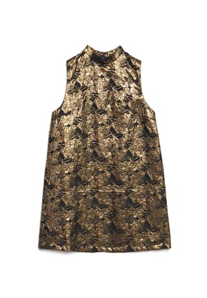Rochie fără mâneci cu imprimeu floral auriu, cu guler înalt, având o suprafață texturată și accente negre într-un model îndrăzneț și complex.