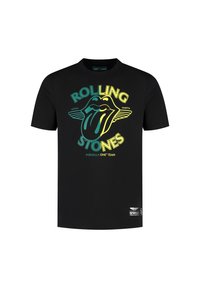 Czarny bawełniany t-shirt z żywym logo Rolling Stones z motywem języka, wzbogacony napisem "ASTON MARTIN" i "FORMULA ONE TEAM".