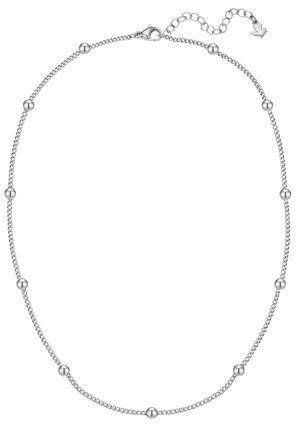 Collar de cadena de plata con cuentas esféricas lisas distribuidas uniformemente y un cierre de langosta con una cadena extensible ajustable.