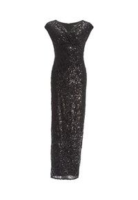 Abito da sera nero con silhouette aderente, caratterizzato da scollatura a V, maniche a cappuccio e impreziosito da paillettes per un effetto testurizzato.